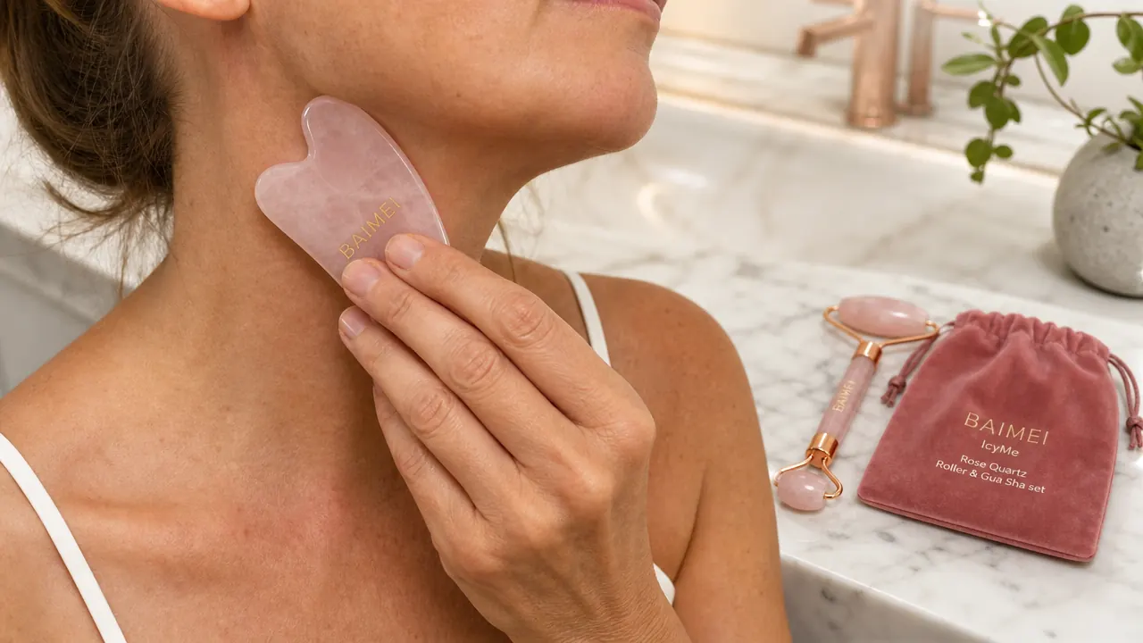 Close up of a hand using the BAIMEI gua sha stone in an upward stroke along the neck toward the jaw