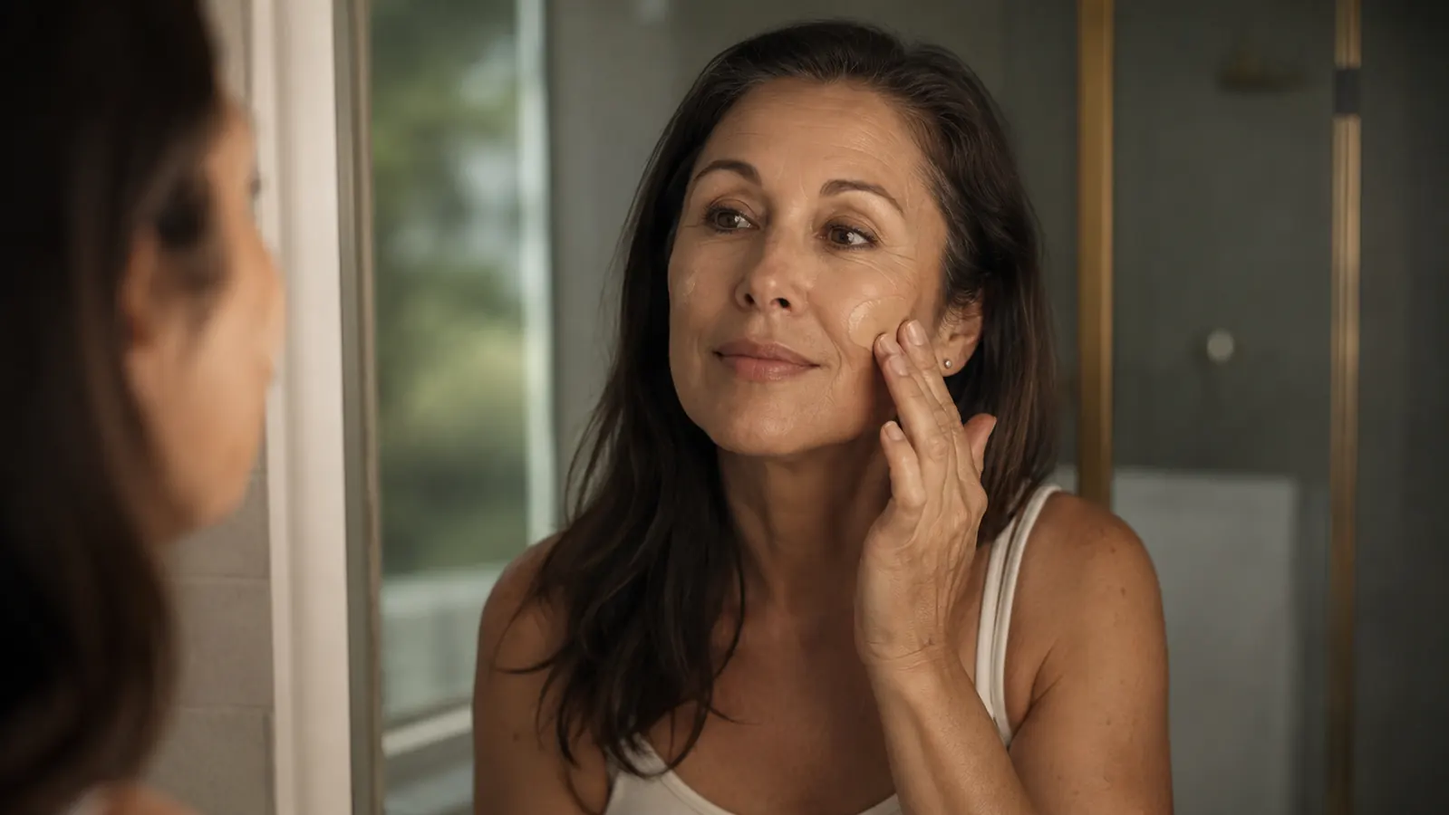 Woman in her 50s applying sunscreen to her face in soft morning light by a bathroom window