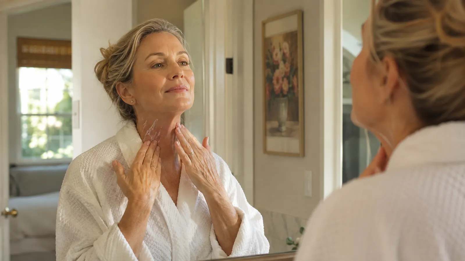 Woman in her fifties applying neck firming cream in a softly lit bathroom mirror