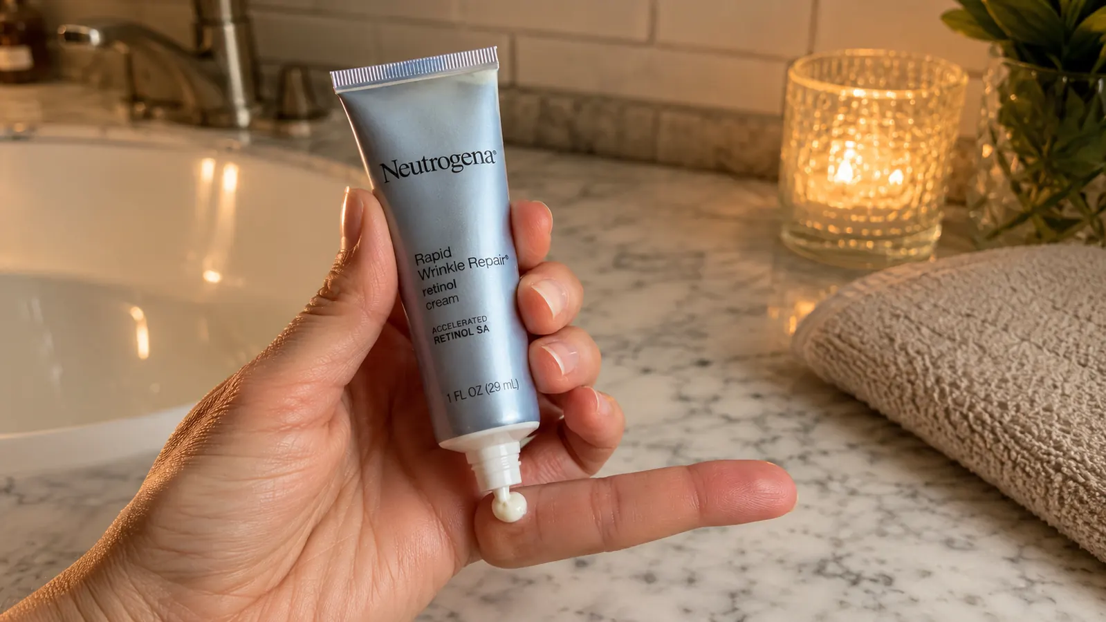 Hand dispensing a pea-sized amount of retinol cream from the tube onto a fingertip over a bathroom counter