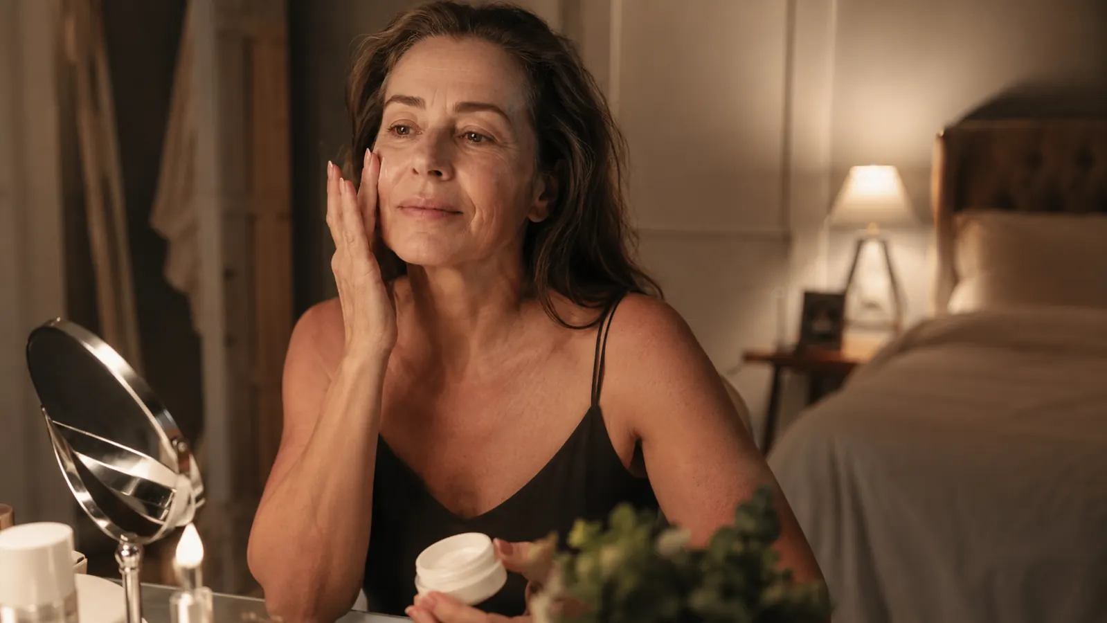 Woman applying nighttime skincare at her bedroom vanity before turning in for the night