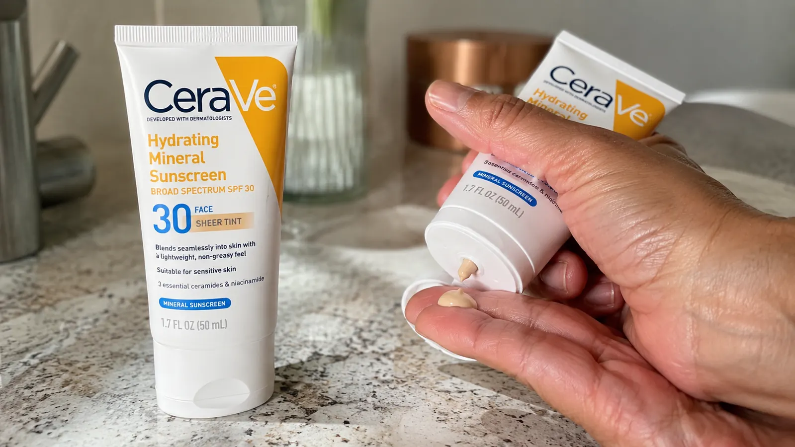 Hand squeezing a dollop of CeraVe Hydrating Mineral Sunscreen onto fingertips next to the tube