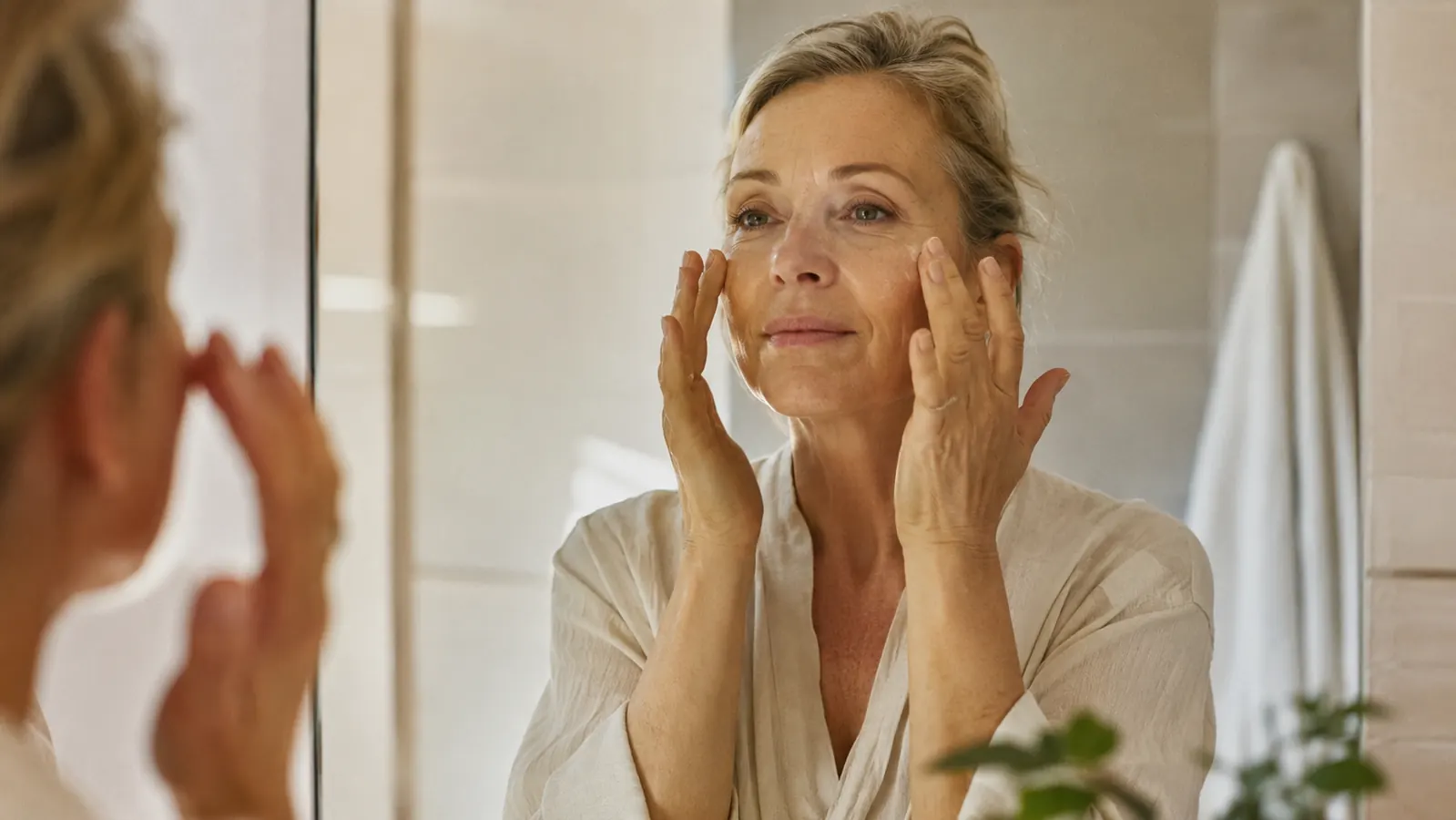 Woman in her early 50s applying tinted mineral sunscreen to her face in soft morning bathroom light