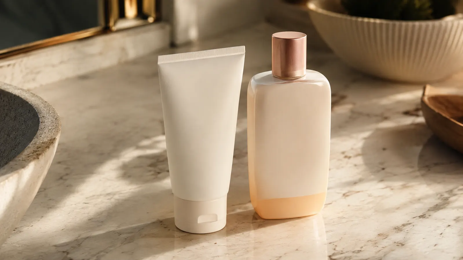 Two sunscreen bottles side by side on a bathroom counter in soft morning light, one mineral one chemical