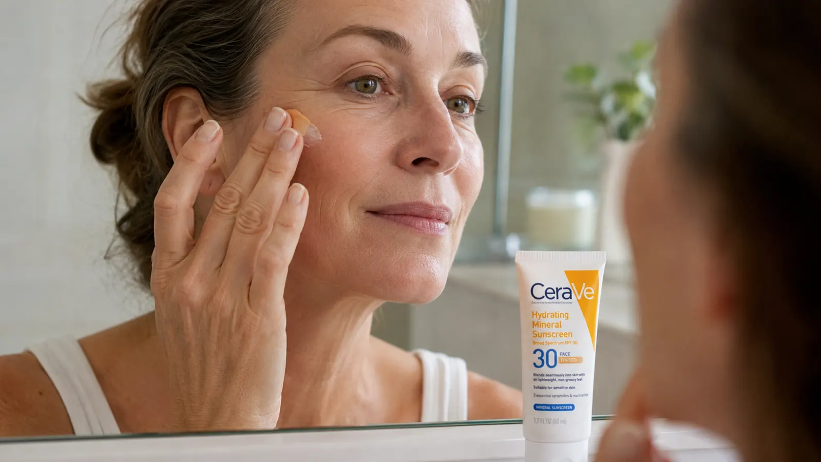Hand smoothing a small dot of tinted mineral sunscreen onto a cheek in front of a bathroom mirror