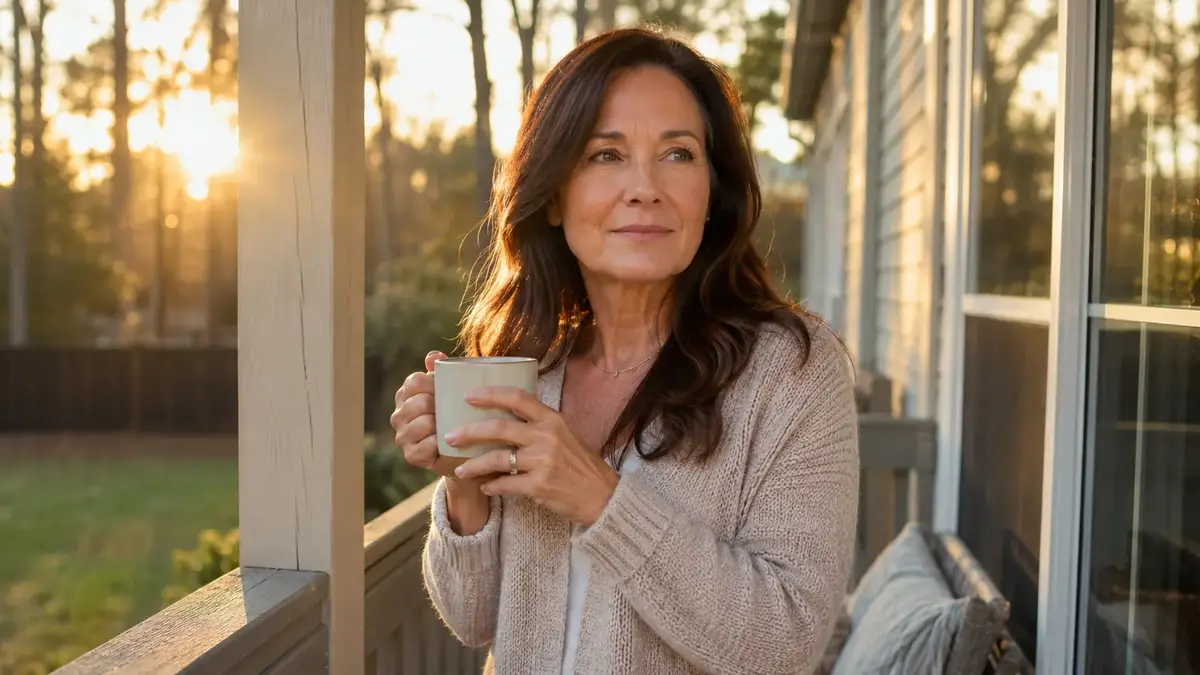 Woman in her early 50s standing on a sunlit back porch in Georgia holding a coffee mug, soft morning light