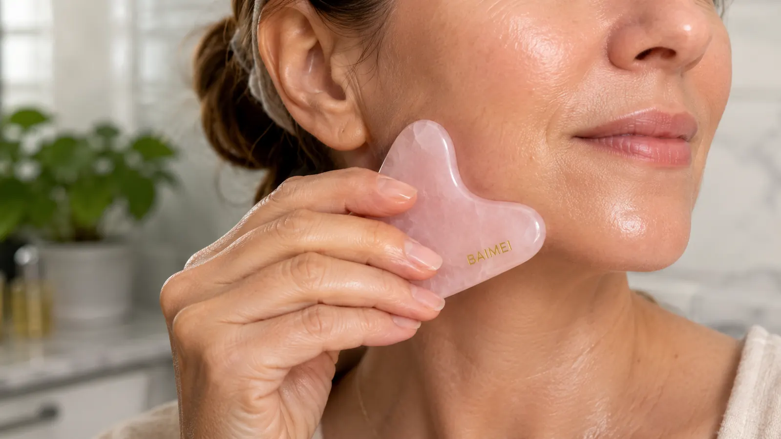 Hand using the flat edge of a rose quartz gua sha stone in an upward stroke along the jawline, matching the BAIMEI reference tool