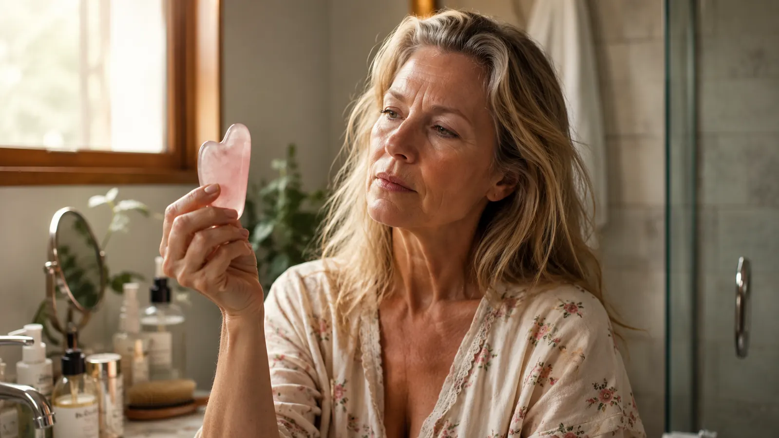 Woman in her 50s examining a rose quartz gua sha stone with a skeptical, appraising expression at her bathroom counter