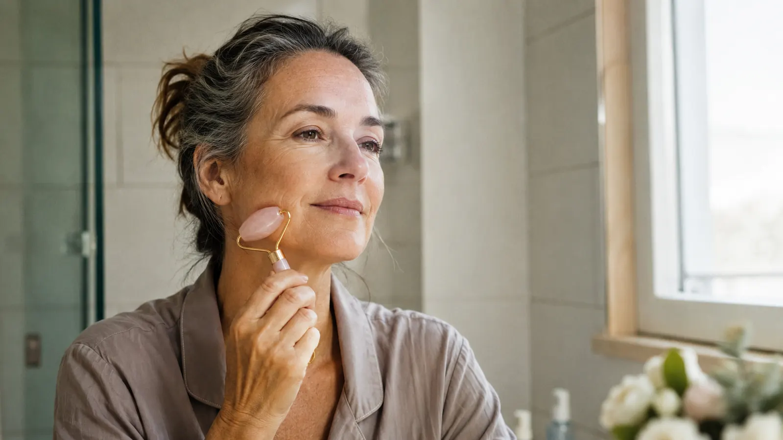 Woman in her fifties gently rolling a rose quartz facial roller along her jawline in soft morning bathroom light