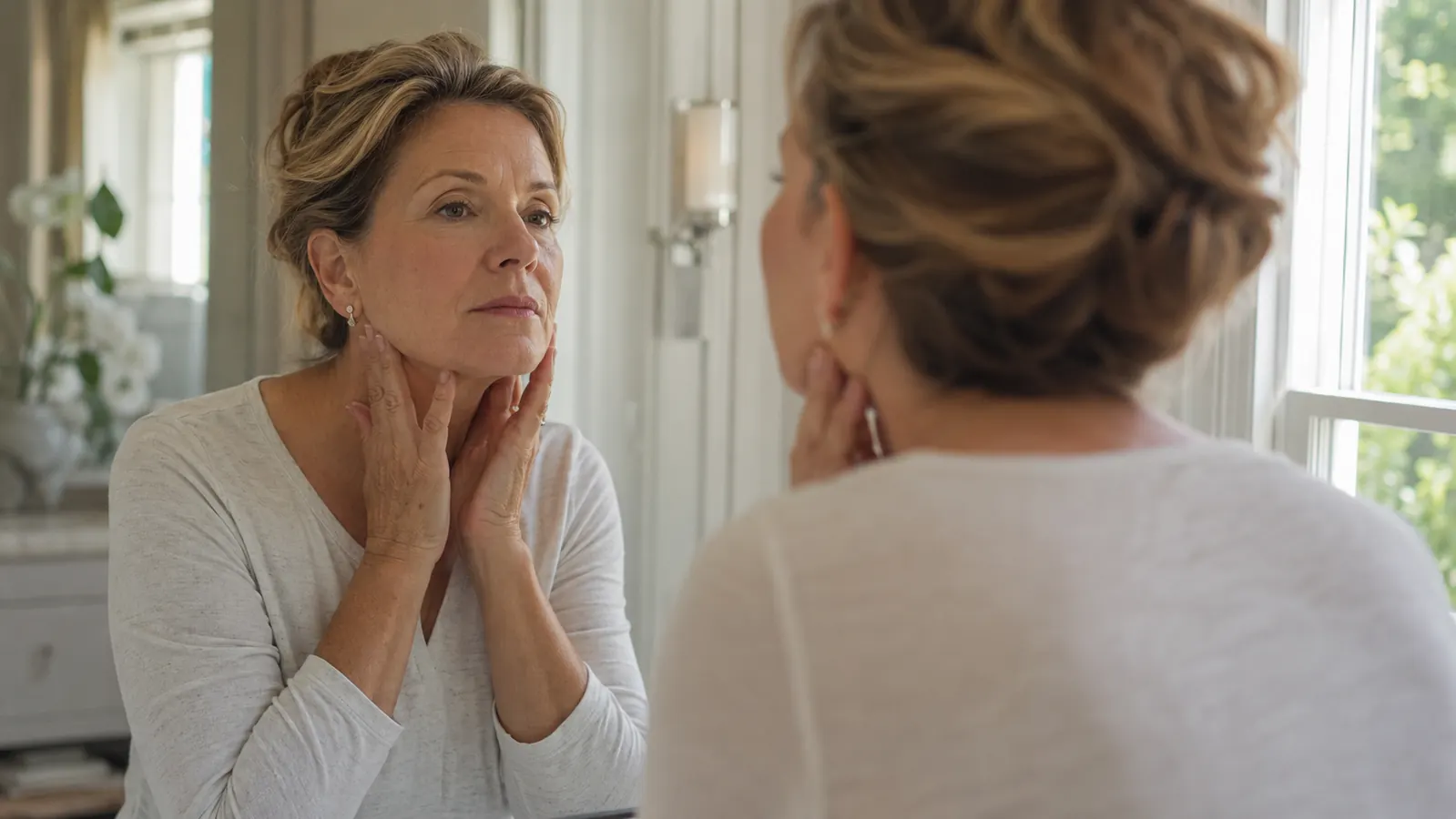Woman in her fifties standing at a bathroom mirror in soft morning light, hands framing her jaw, checking her puffiness before starting her routine