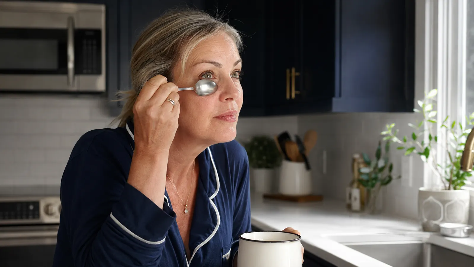 Woman in her 50s holding a cold spoon under her eye at a kitchen counter in the morning