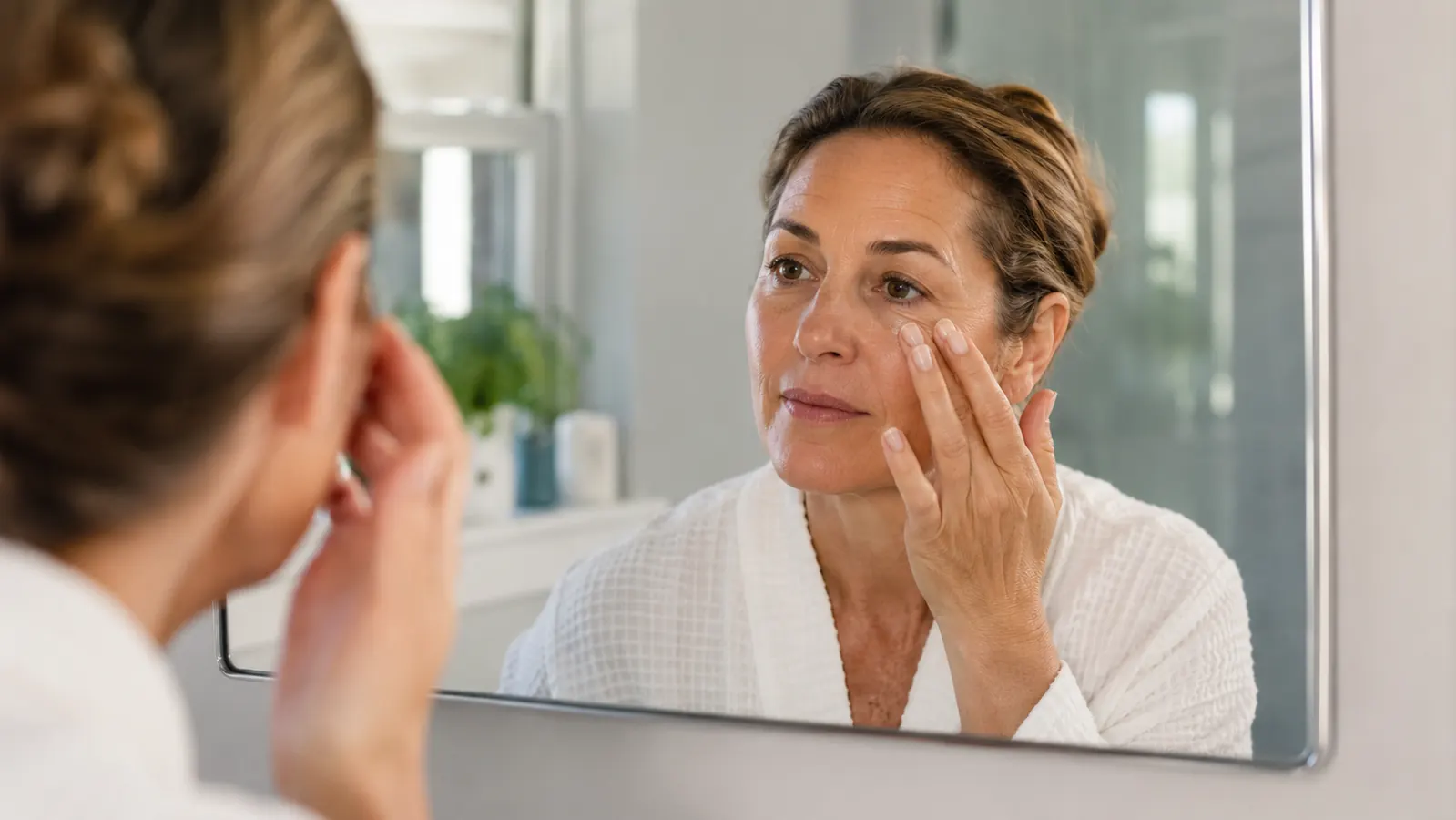 Woman in her 50s gently patting under eye cream near a bright bathroom mirror in the morning
