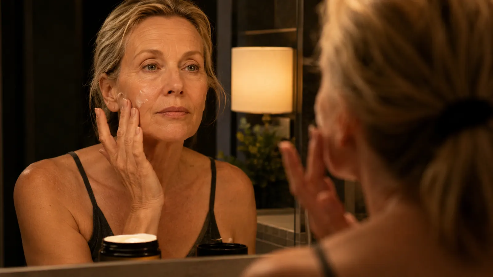 Woman in her 50s applying retinol cream to her face at a bathroom mirror at night in warm lamp light