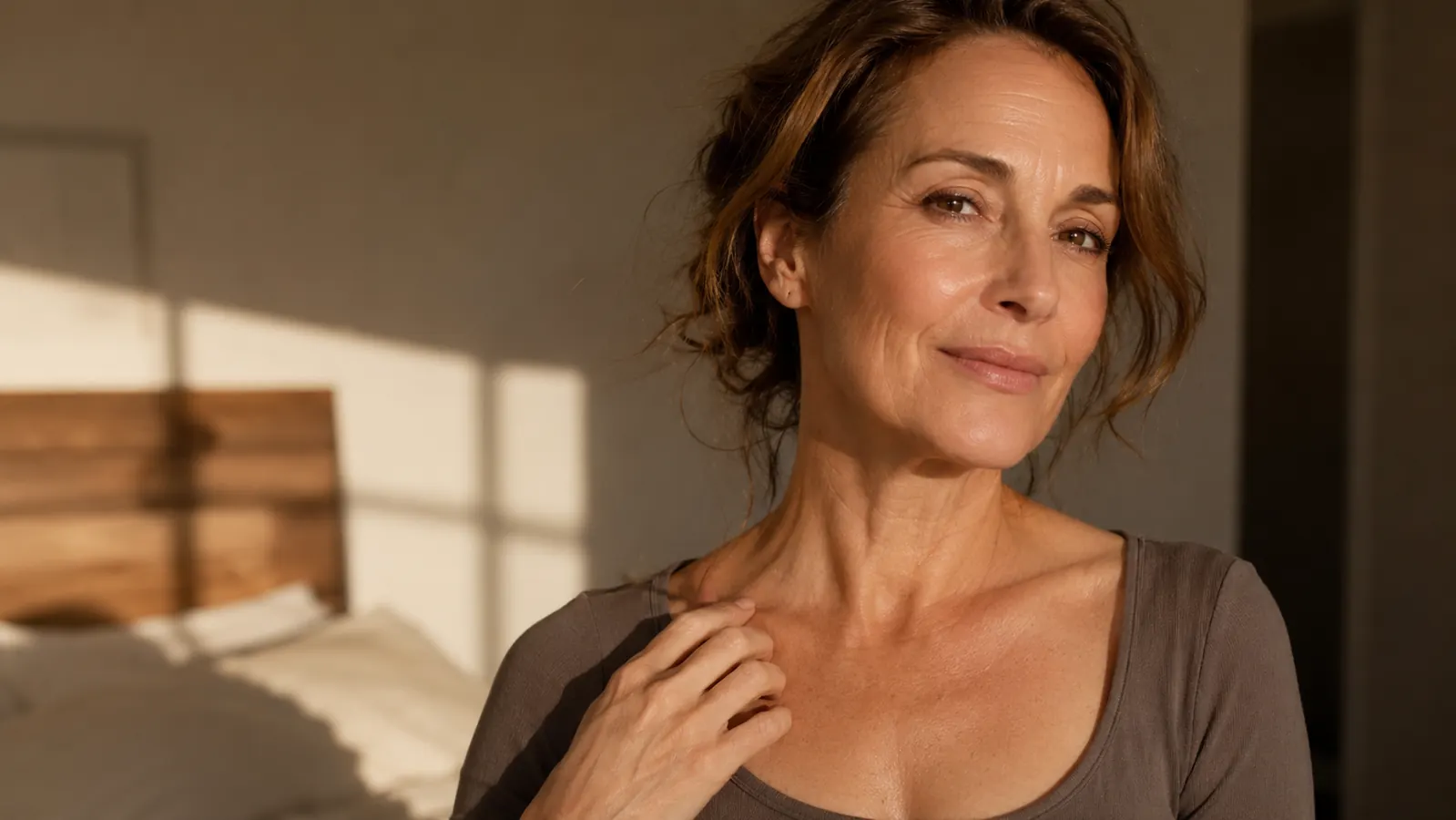A woman in her 50s standing in warm morning light with her neck and collarbone bare, no scarf or turtleneck, looking relaxed and confident