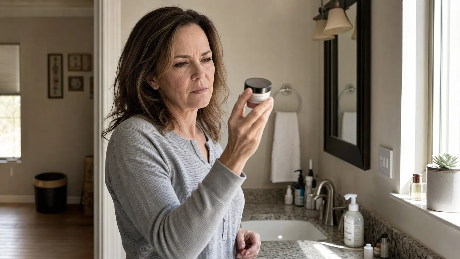 Woman in her early 50s standing at a bathroom sink holding a small jar up to the light, reading the back label with a skeptical expression