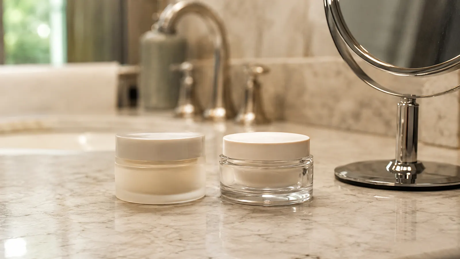 Two jars of neck cream sitting side by side on a bathroom counter next to a hand held mirror