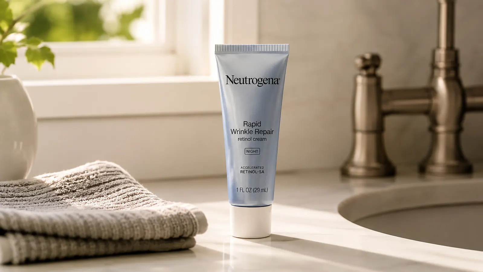 A tube of Neutrogena Rapid Wrinkle Repair retinol cream sitting on a bathroom counter in soft morning light next to a folded washcloth