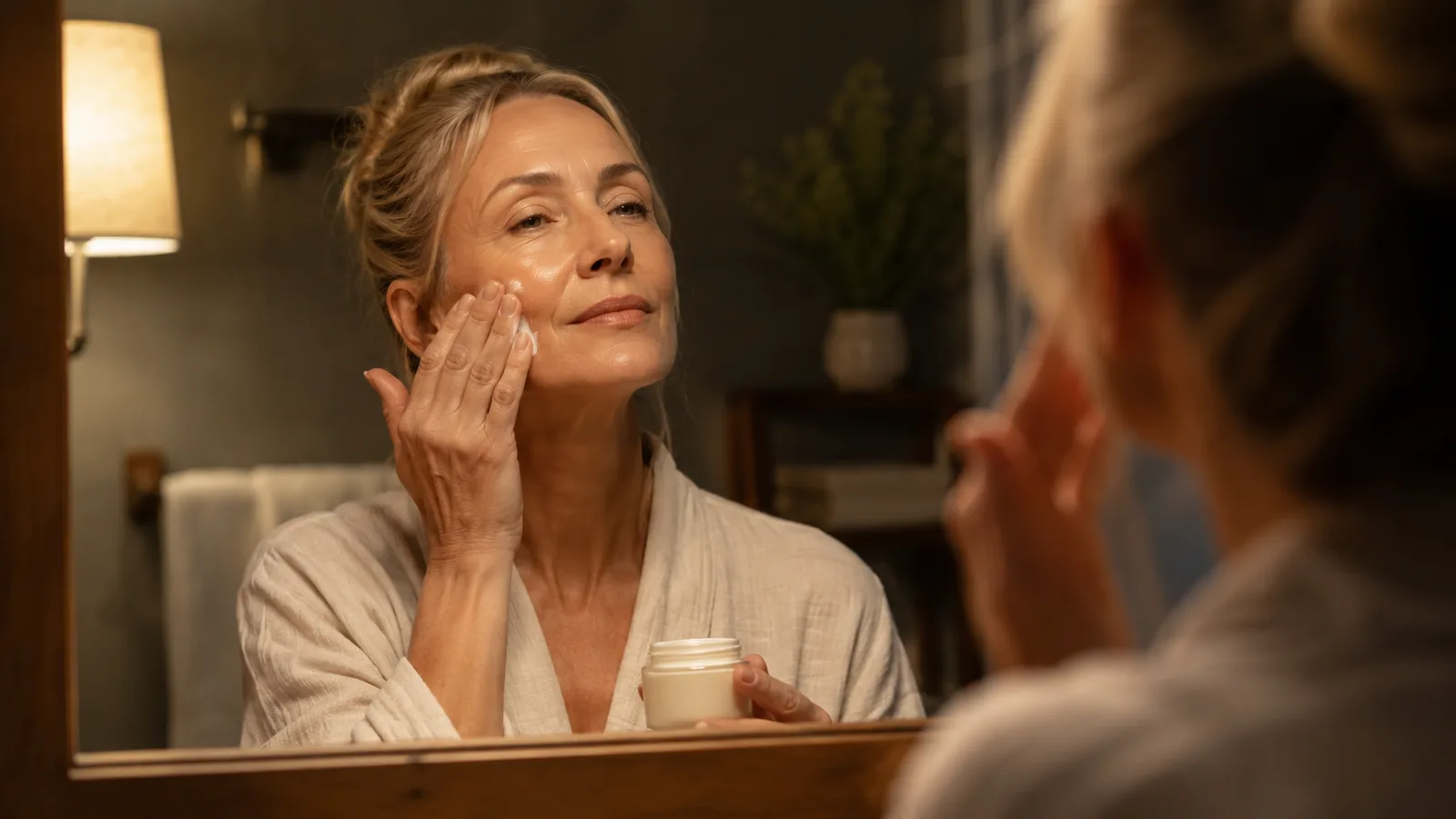 Woman in her early 50s applying retinol cream to her face at night in warm bathroom light