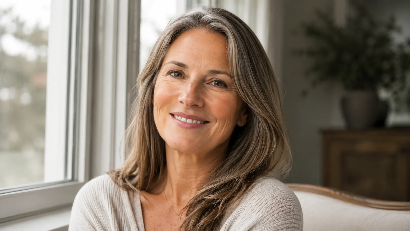 Woman in her 50s smiling in natural daylight with smooth, calm skin and no visible redness