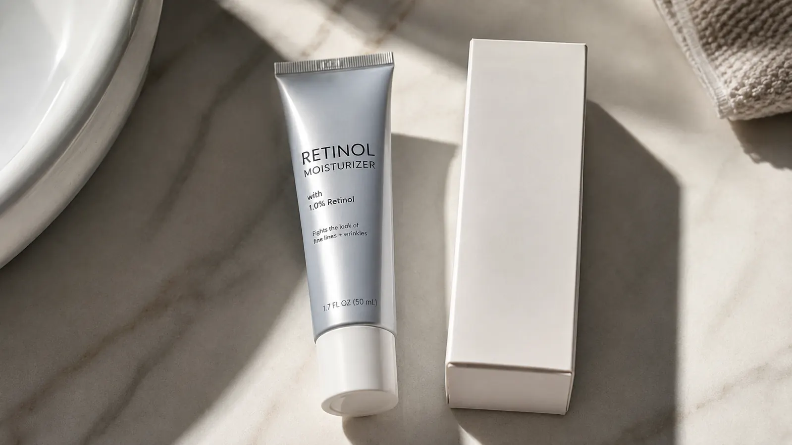 A tube of drugstore retinol cream and a prescription tretinoin box side by side on a bathroom counter