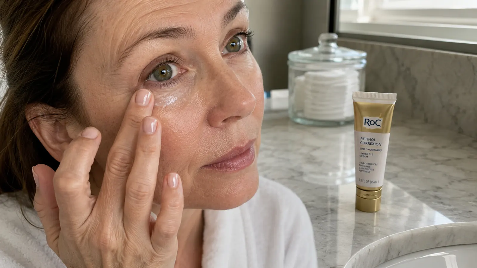 Close-up of a hand patting eye cream under the eye with a ring finger, cream tube visible on the bathroom counter