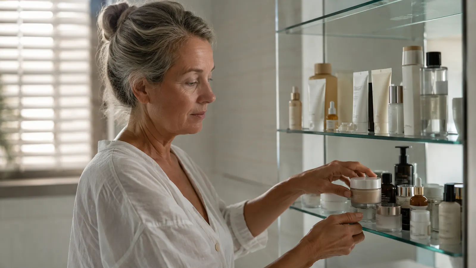 Woman in her 50s organizing a bathroom skincare shelf, placing a small jar upright next to other products