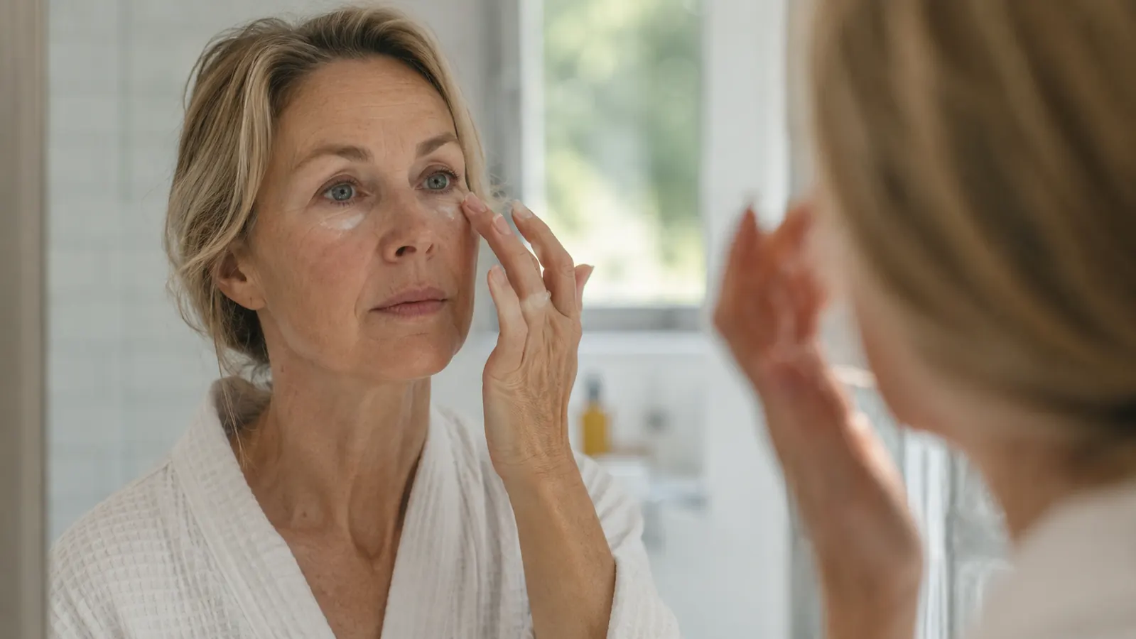 Woman in her mid 50s patting eye cream gently under her eyes at a bathroom mirror in soft morning light