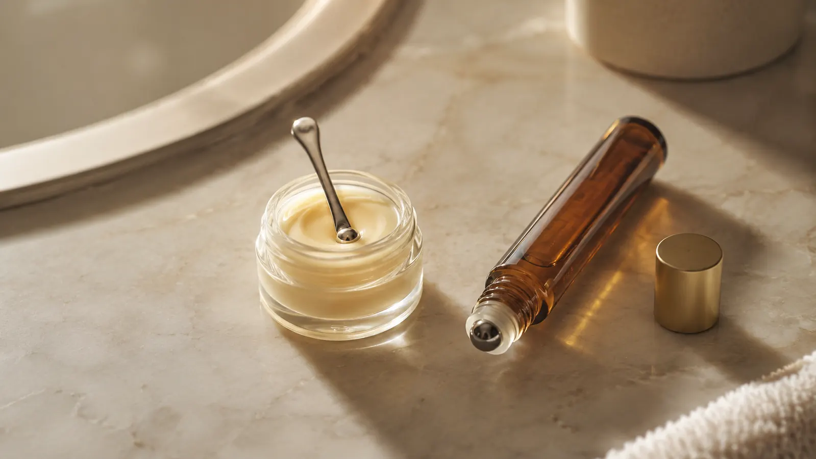 A small jar of retinol eye cream and a rollerball caffeine serum bottle side by side on a bathroom counter